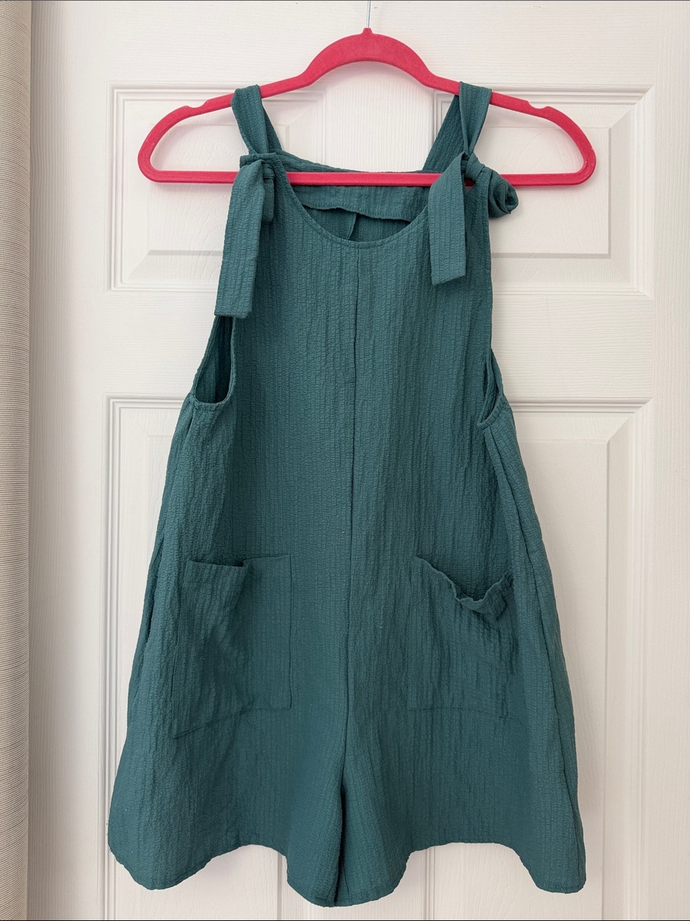 Youth Teal Tie-Shoulder Romper with Front Pockets